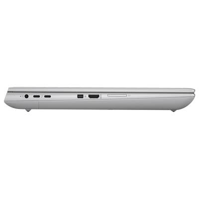 Laptop-Seitenansicht mit verschiedenen Anschlüssen: Strom, zwei USB-C, HDMI, USB-A und ein SD-Kartensteckplatz.