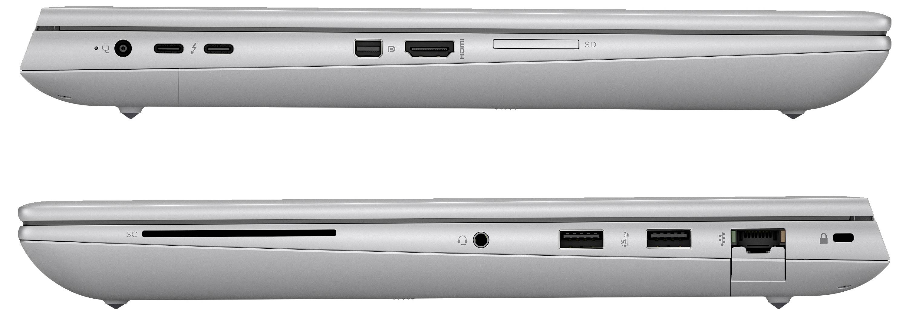 Ein Laptop in Seitenansicht zeigt Anschlüsse: USB-C, HDMI, USB-Anschlüsse, Ethernet und SD-Kartensteckplatz.