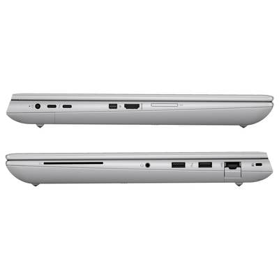 Ein Laptop in Seitenansicht zeigt Anschlüsse: USB-C, HDMI, USB-Anschlüsse, Ethernet und SD-Kartensteckplatz.