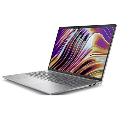 Ein silberner Laptop mit geöffneter Anzeige, die ein buntes, wellenförmiges Muster zeigt. Die Tastatur und das Trackpad sind sichtbar.