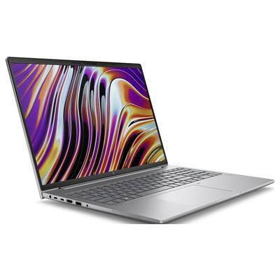 Ein silberner Laptop mit einem geöffneten Bildschirm zeigt bunte, abstrakte Kunst auf dem Display.