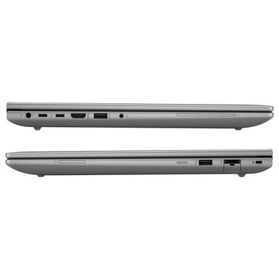 Ein Laptop in Seitenansicht, oben mit Anschlüssen wie USB, HDMI und Ethernet, unten mit USB-Anschluss und Ethernet-Port.