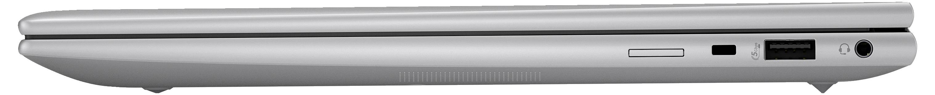 Seitenansicht eines geschlossenen Laptops, silberfarbig, mit USB-Anschluss, Netzteilanschluss und Kopfhörerbuchse.