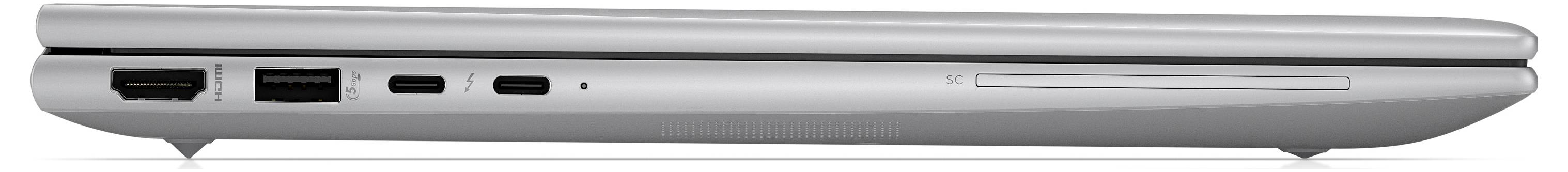 Geschlossener Laptop seitlich, zeigt Anschlüsse wie HDMI, USB, und Audioanschluss.