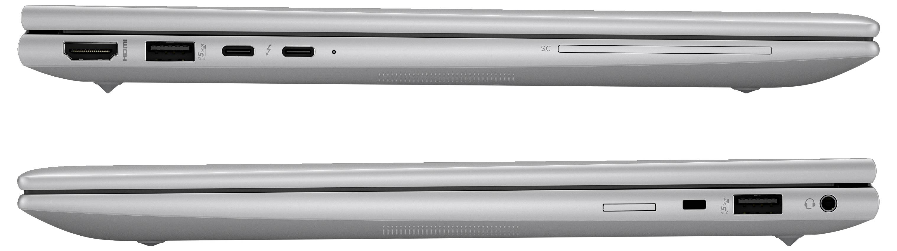 Zwei Laptops von der Seite gezeigt, oberer Laptop mit HDMI, USB und USB-C-Anschlüssen, unterer mit Netzteil- und USB-Anschlüssen.
