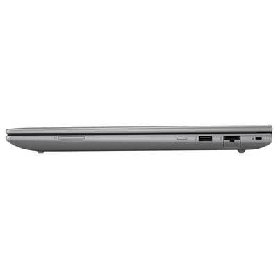 Laptop in Seitenansicht, geschlossen. Sichtbar sind ein USB-Anschluss, ein LAN-Anschluss und ein CD-Laufwerk.