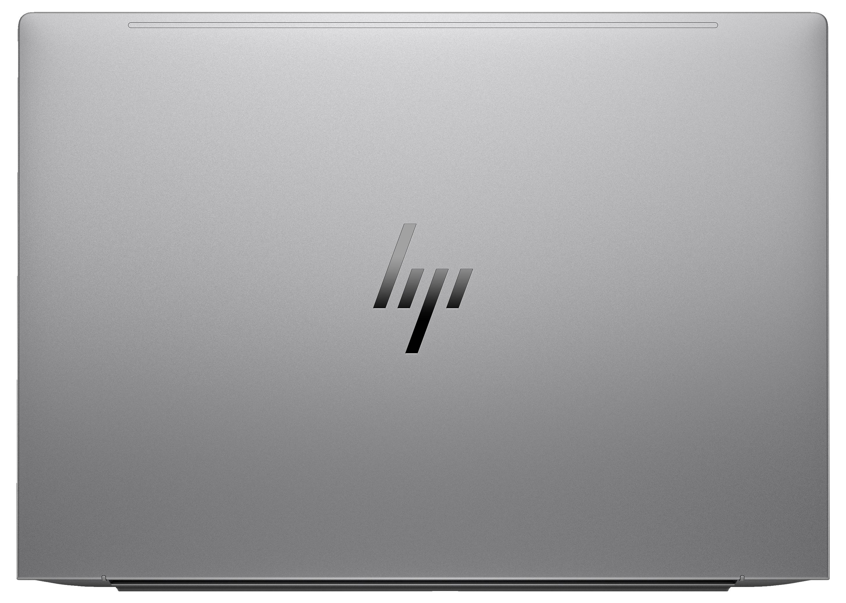 Geschlossener Laptop, silbernes Gehäuse, mit HP-Logo in der Mitte.