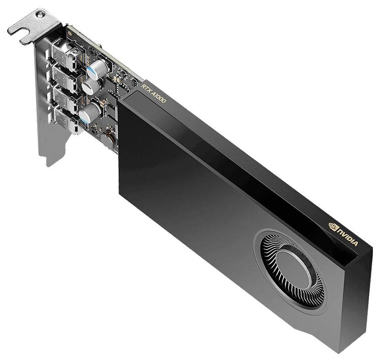 Eine schwarze Nvidia Grafikkarte, Modell RTX A2000, mit sichtbaren Anschlussstellen und Lüfter auf der Rückseite, vor weißem Hintergrund.
