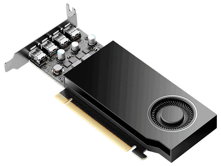 Grafikkarte mit schwarzem Gehäuse und einem Lüfter, PCIe-Schnittstelle. Rückseite zeigt vier Display-Anschlüsse.