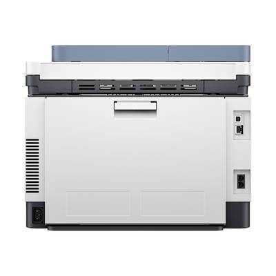 Multifunktionsdrucker von hinten mit Schnittstellen und Netzanschluss sichtbar. Schwarzer, grauer, und weißer Farbmix.