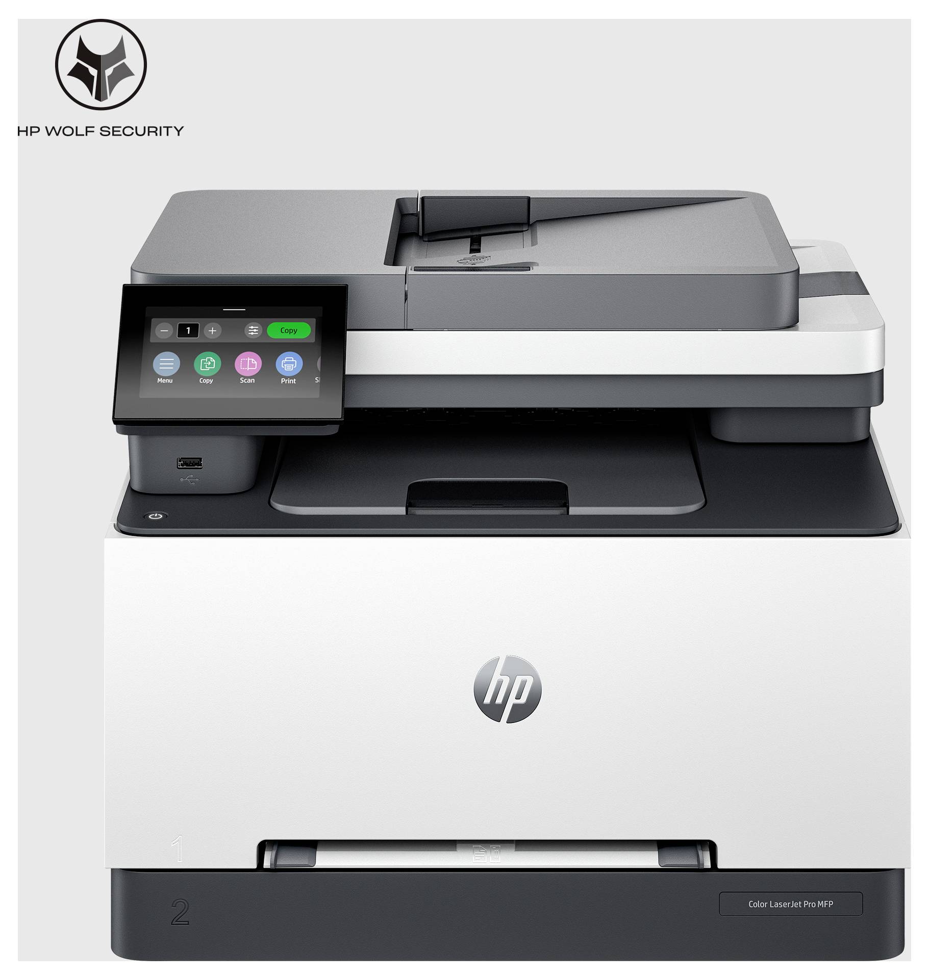 HP Wolf Security-Branding auf einem HP Color LaserJet Pro MFP-Drucker mit Touchscreen-Bedienfeld, in Frontansicht dargestellt.