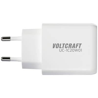 Weißes USB-Netzladegerät mit zwei Steckdosenstiften und dem aufgedruckten Markennamen 'VOLTCRAFT UC-1C20W01'.