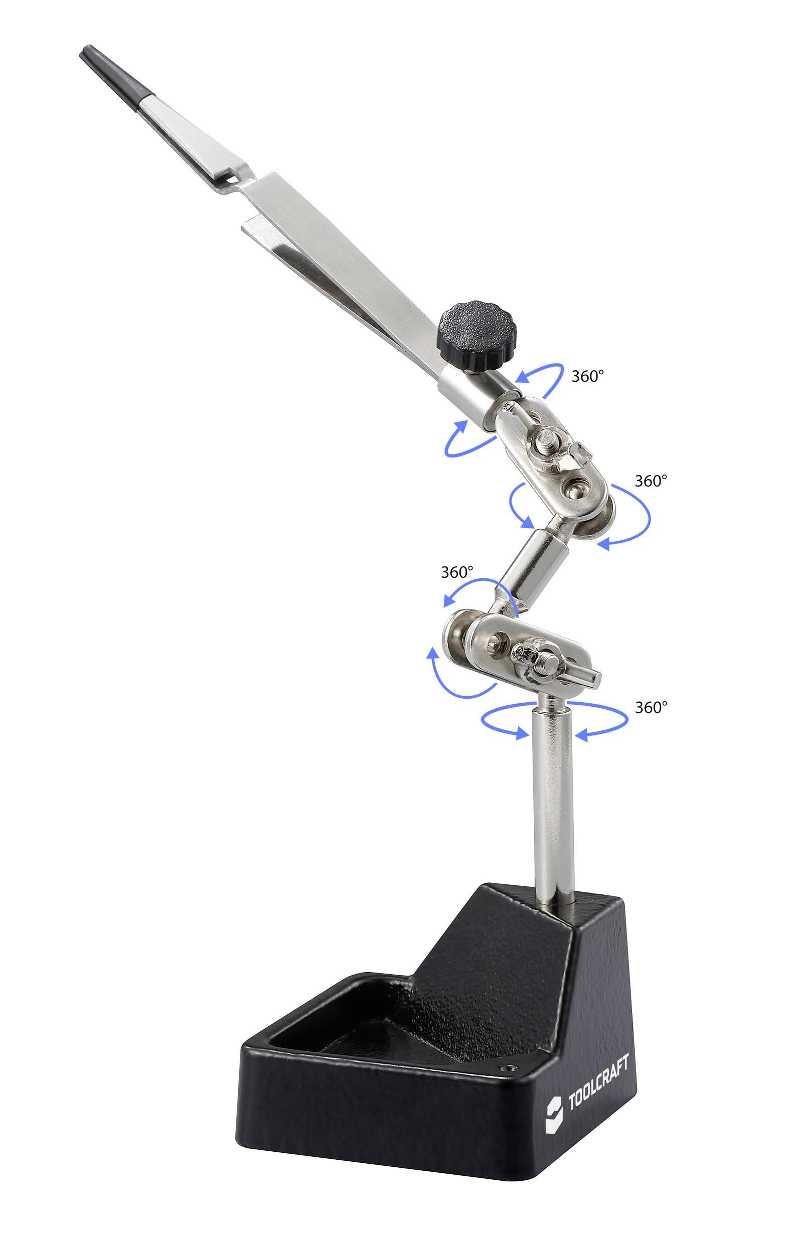 'Werkzeughalter aus Metall mit verstellbarem Arm, montiert auf einem schweren Sockel. Arm kann um 360° gedreht werden.'