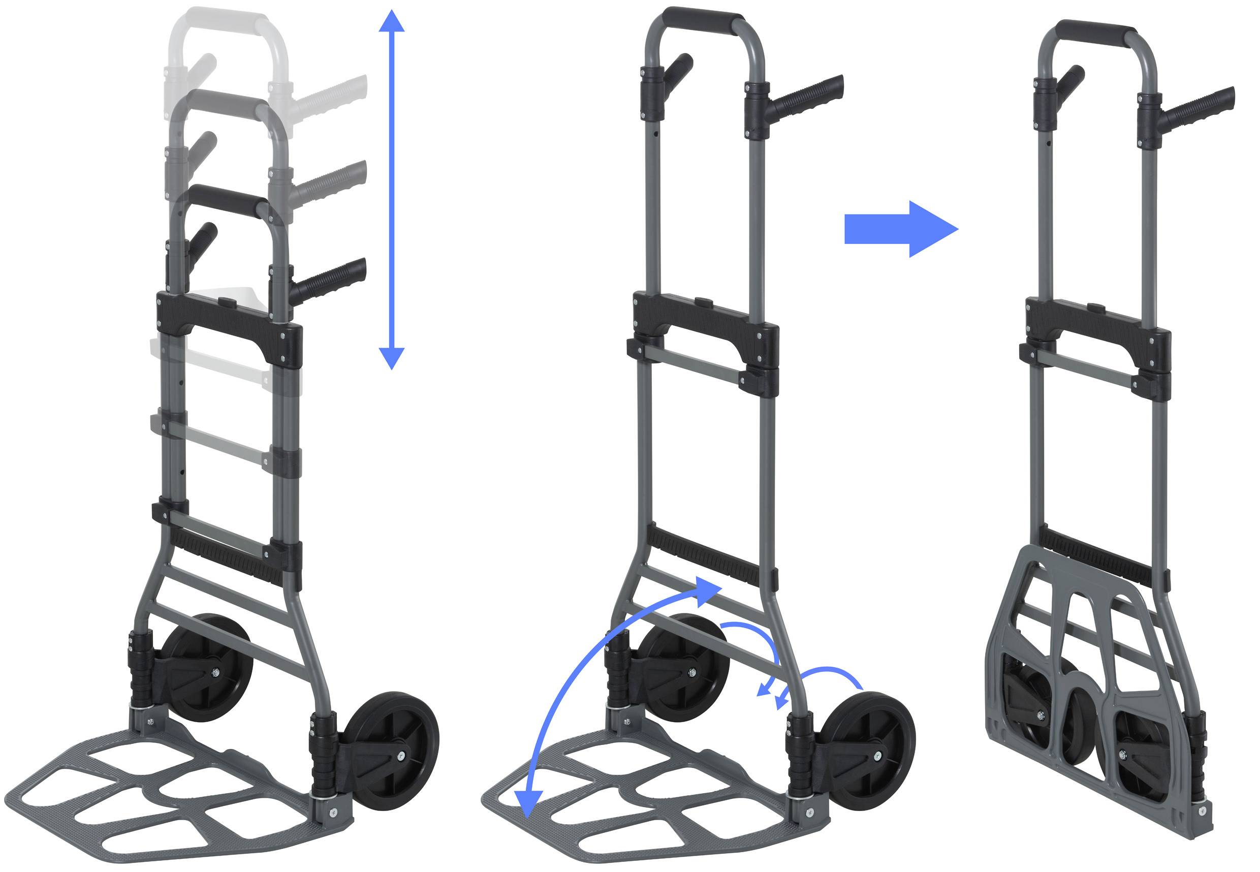 Faltbare Sackkarre in verschiedenen Stufen: links zusammengeklappt, rechts einsatzbereit. Blaue Pfeile zeigen Bewegungsrichtung.