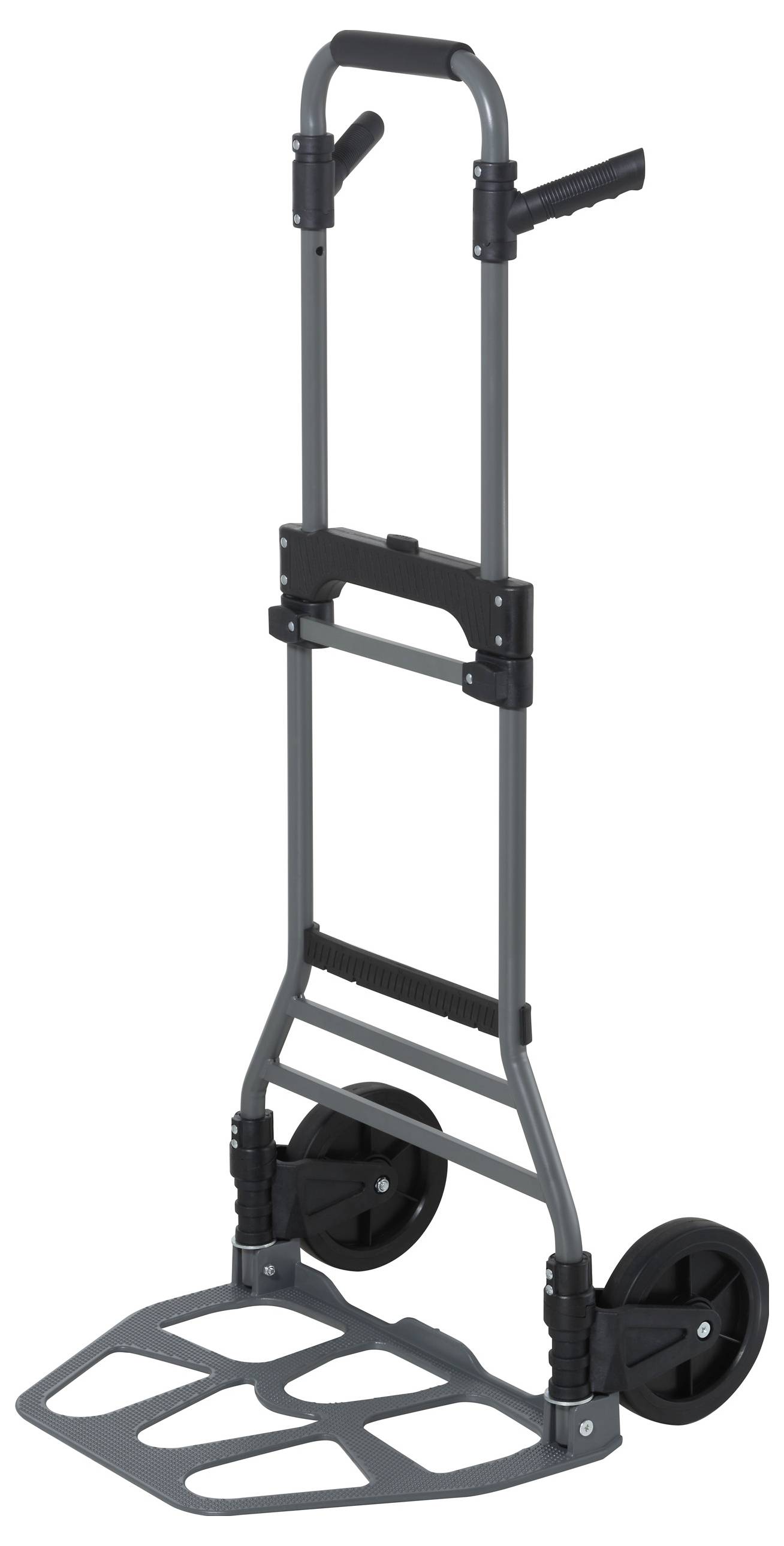 Eine zusammenklappbare Sackkarre mit schwarzem Griff und großen Rädern, geeignet zum Transport schwerer Gegenstände.