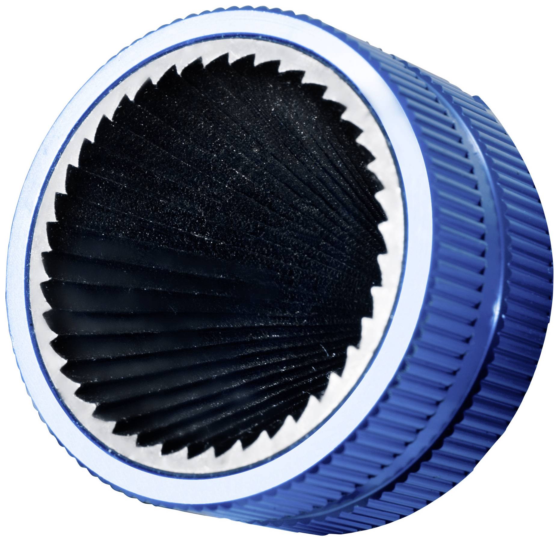 Blauer Flaschendeckel mit geriffelter Innenseite zur einfachen Öffnung.