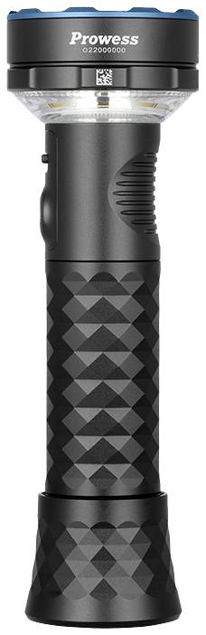 Schwarze Taschenlampe mit geriffeltem Griff und blauer Kappe, Modell 'Prowess 622000000', steht aufrecht vor weißem Hintergrund.