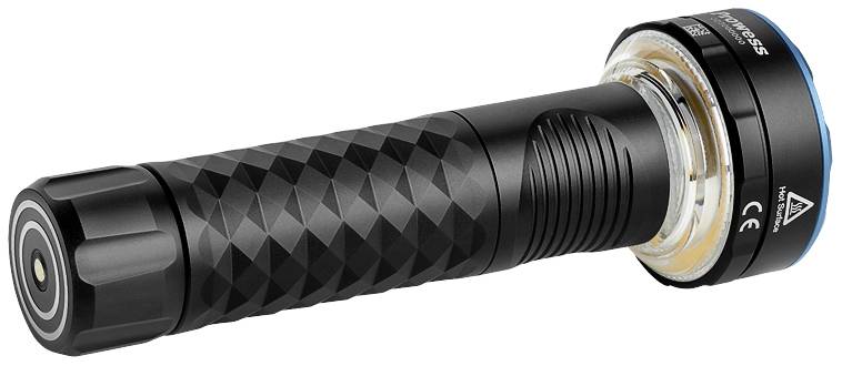 Schwarz-blaue Taschenlampe in Seitenansicht mit geriffeltem Griff und stromlinienförmigem Design.