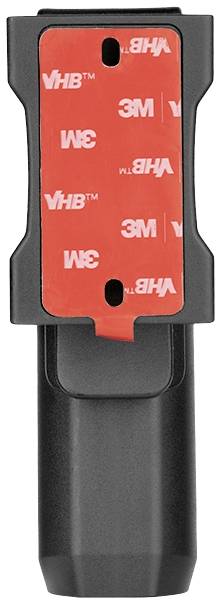 Schwarzes Kunststoffgehäuse mit rotem 3M VHB Klebepad, vermutlich zur Befestigung an glatten Oberflächen.