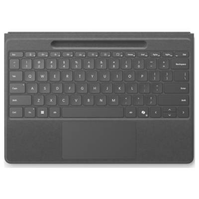 Eine schwarze Computertastatur mit Trackpad, ausgestattet mit Tasten für Befehle, Navigation und Texteingabe, geeignet für ein abnehmbares Gerät.