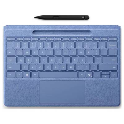 Eine blaue abnehmbare Tastatur mit einem Trackpad und einem Eingabestift, der darüber platziert ist. Die Tasten umfassen das typische QWERTZ-Layout und Funktionstasten.