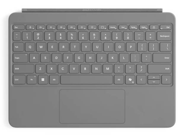 Graue kabellose Tastatur und Tablet-Schutzhülle mit Trackpad, von oben in geschlossenem Zustand gezeigt.
