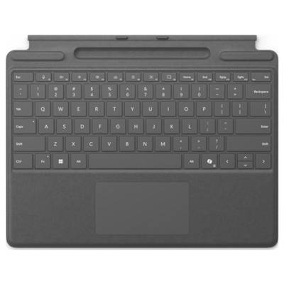 Eine schwarze abnehmbare Tastatur mit Trackpad, die für ein Tablet oder Laptop entwickelt wurde und Standard-Tasten sowie ein kompaktes Layout aufweist.