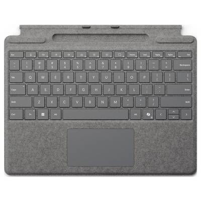 Eine graue Tastatur mit Touchpad, entwickelt für ein abnehmbares Tablet-Gerät, verfügt über Funktionstasten und Direktwahlschaltflächen für einfache Navigation.
