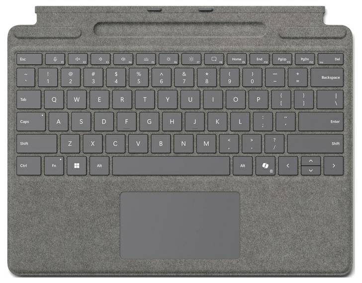 Eine graue Computertastatur mit integriertem Touchpad, von oben betrachtet. Die Tastatur umfasst Standard-Tasten und Funktionstasten.
