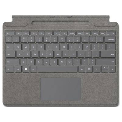 Tastaturhülle mit Touchpad für ein Tablet, zeigt Tastenlayout und graue Stoffoberfläche. Ideal für mobiles Arbeiten.