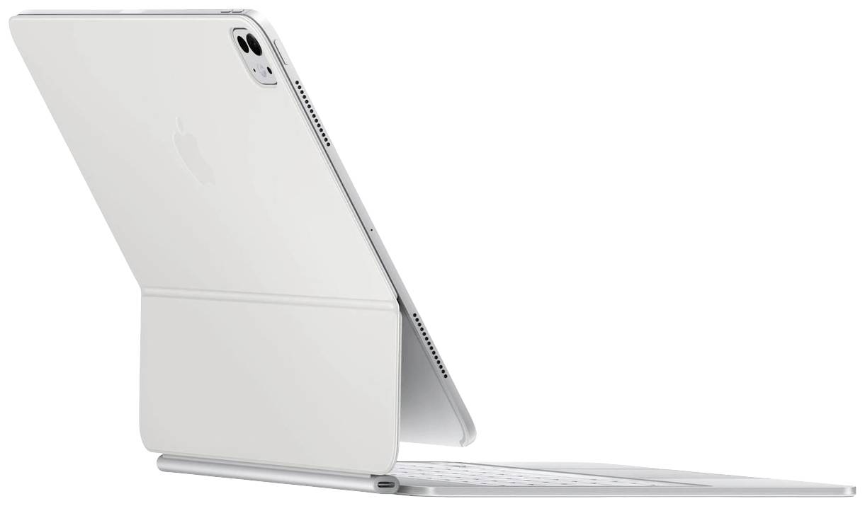 Ein Tablet mit Tastaturhülle in seitlicher Ansicht. Das Gerät ist schlank und modern gestaltet, auf weißem Hintergrund abgebildet.