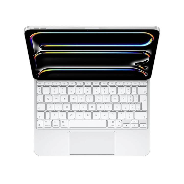 Obere Ansicht eines geöffneten Laptops mit weißer Tastatur. Der Bildschirm zeigt bunte, geschwungene Linien auf schwarzem Hintergrund.
