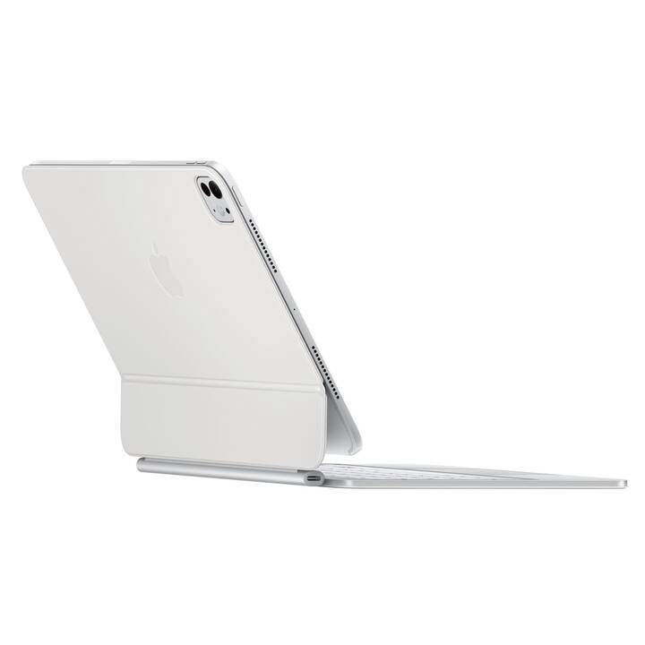 Ein geöffneter Laptop mit Tastaturhülle, auf einem Tisch stehend, zeigt die Rückseite. Keine Personen oder dekorative Elemente sichtbar.