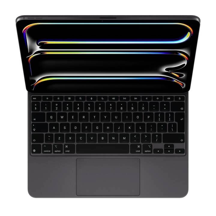 Laptop mit beleuchtetem Bildschirm, zeigt abstrakte, bunte Lichtlinien. Tastatur mit QWERTZ-Layout, schwarzes Gehäuse.