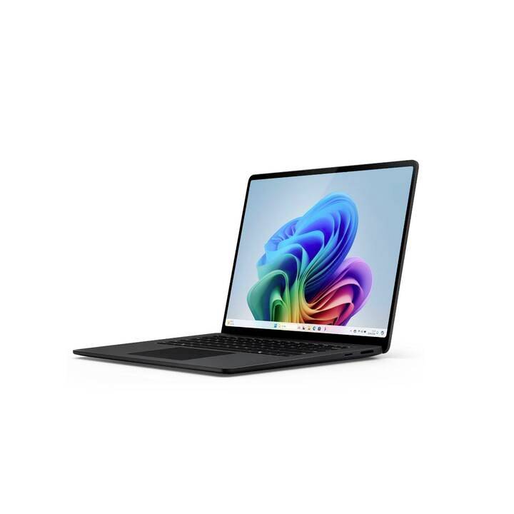 Ein moderner Laptop mit geöffneter Bildschirmansicht zeigt ein buntes, abstraktes Design auf dem Display.
