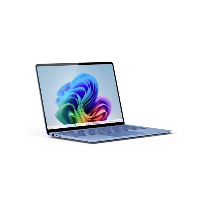 Ein moderner Laptop mit einem bunten, abstrakten Hintergrund auf dem Bildschirm. Das Gerät ist aufgeklappt und zeigt die Tastatur.