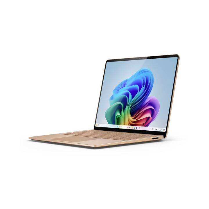 Ein moderner, schlanker Laptop mit einem auffälligen, farbenfrohen Bildschirmhintergrund. Der Laptop ist leicht geöffnet.