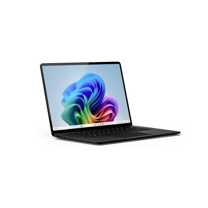 Ein Laptop mit geöffnetem Bildschirm zeigt ein buntes, abstraktes Hintergrundbild. Das Gerät steht auf einer ebenen Fläche.