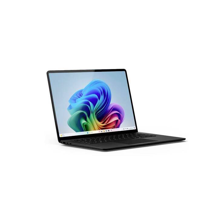 Schwarzer Laptop mit einem bunten Bild auf dem Bildschirm, das eine stilisierte, farbenfrohe Spiralform zeigt.