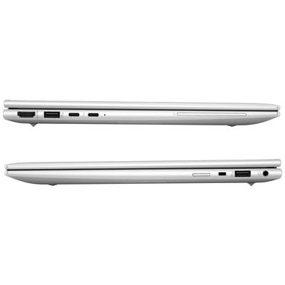 'Zwei seitliche Ansichten eines geschlossenen Laptops mit verschiedenen Anschlüssen, darunter HDMI, USB, USB-C und ein Kartensteckplatz.'