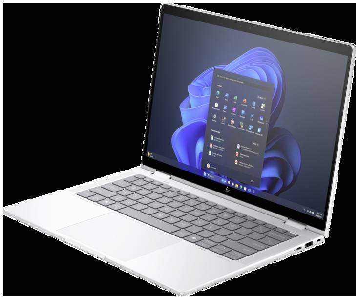 Ein silberner Laptop mit einem geöffneten Bildschirm, auf dem das Windows-Betriebssystem zu sehen ist, steht auf einem weißen Hintergrund.