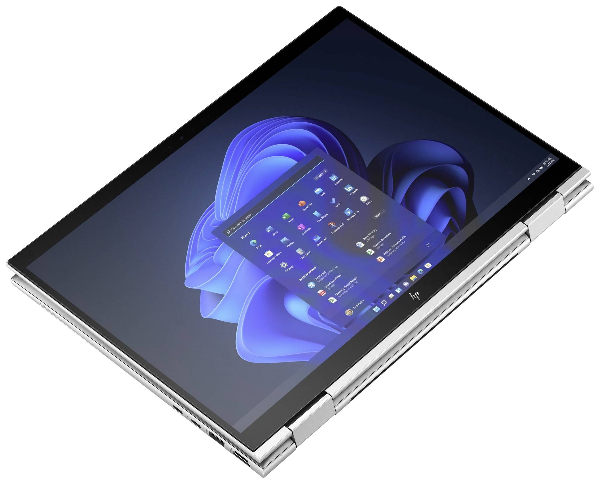 Ein silberner Laptop im Tablet-Modus zeigt den Windows-Startbildschirm mit Apps und Funktionen. Gerät liegt flach auf einer Oberfläche.