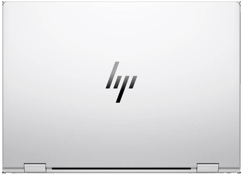 Laptop mit geschlossenem silbernem Gehäuse; mittig auf dem Deckel befindet sich ein minimalistisches, schwarzes Logo.
