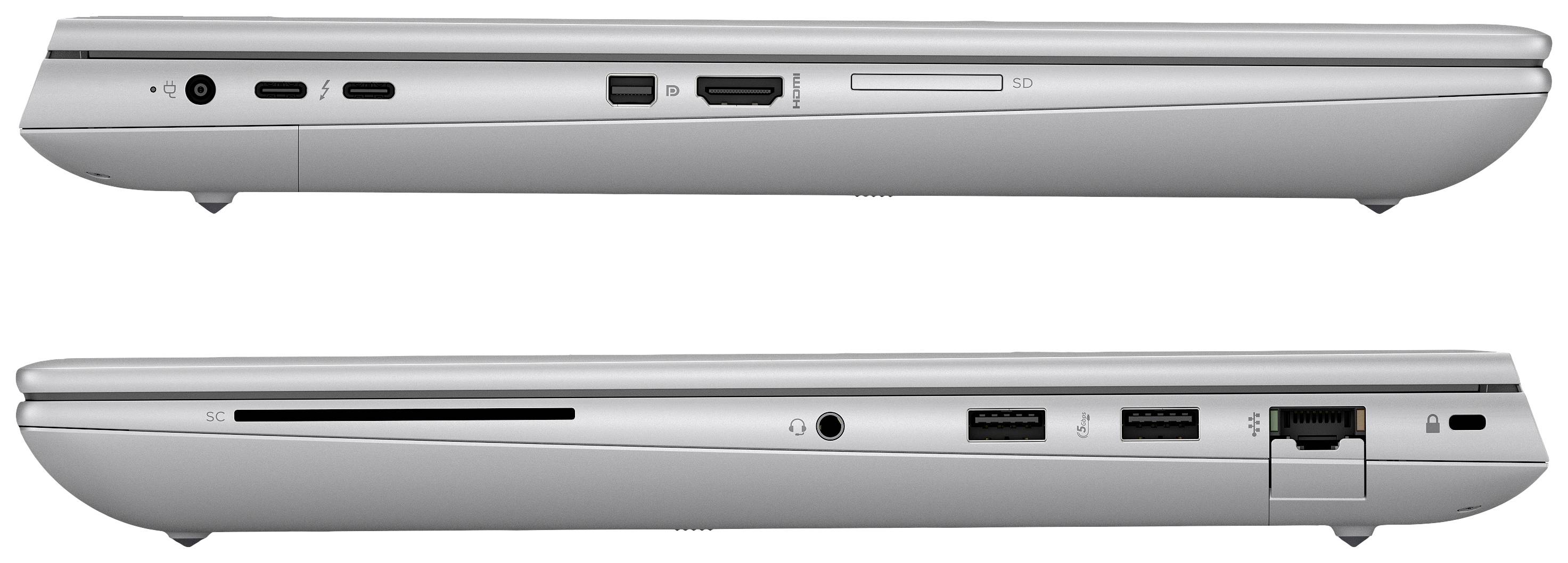 Silberner Laptop von der Seite mit verschiedenen Anschlüssen wie HDMI, USB und Ethernet.