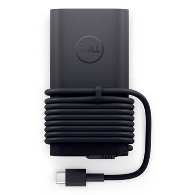 Ein schwarzes Dell-Laptopnetzteil mit einem aufgerollten Kabel und einem USB-C-Stecker.