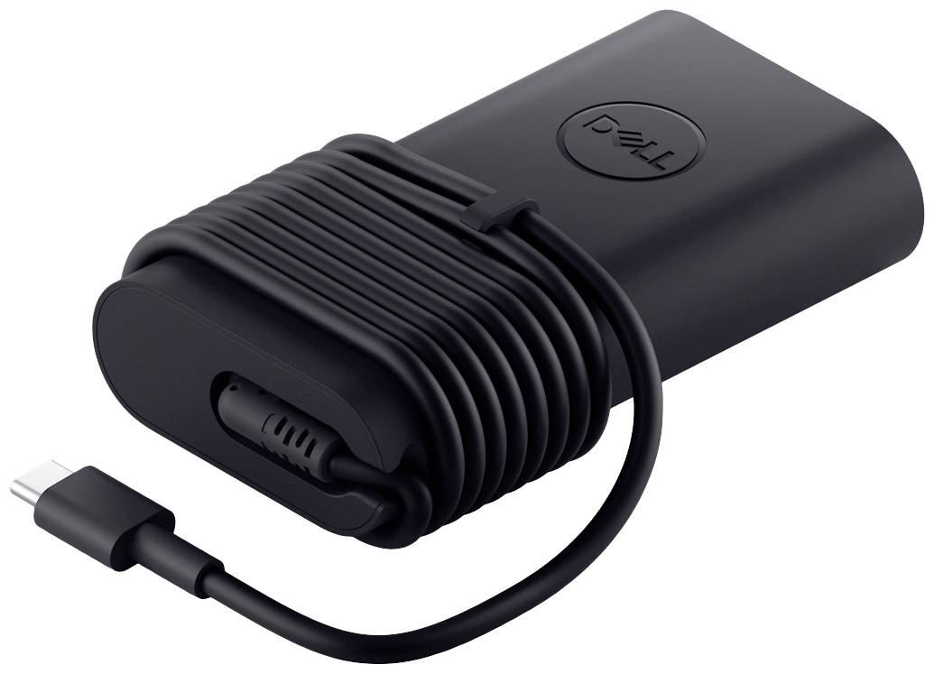 Ein schwarzes Netzteil mit gerolltem Kabel und USB-C-Anschluss, geeignet für die Stromversorgung von elektronischen Geräten.