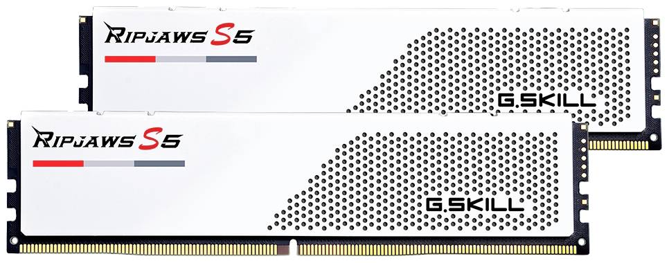Zwei G.SKILL Ripjaws S5 RAM-Module mit weißem Kühlkörper und schwarzem Logo-Design. Ideal für Hochleistungs-PCs.