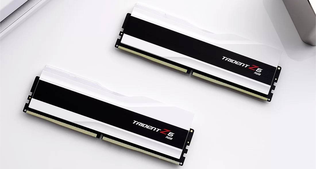 Zwei RAM-Module der Marke Trident Z5, schwarz-weiß gestaltet, liegen auf einer weißen Oberfläche. Sie sind für den Einsatz in Computern gedacht.
