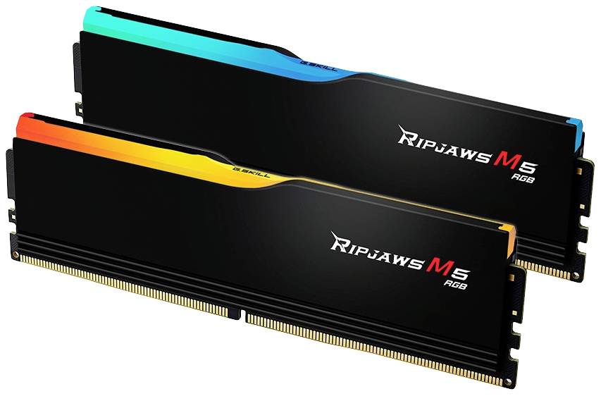 Zwei RAM-Module mit RGB-Beleuchtung, schwarzem Design und der Aufschrift 'Ripjaws M5 RGB', zeigen ein leuchtendes Farbspiel.