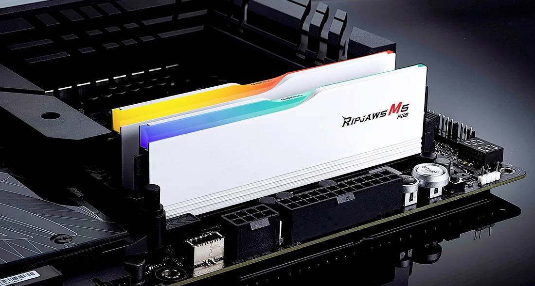 Nahaufnahme von zwei RAM-Modulen in einem Mainboard-Slot. Die Module sind in den Farben Weiß und Blau gehalten, eines davon leuchtet bunt.